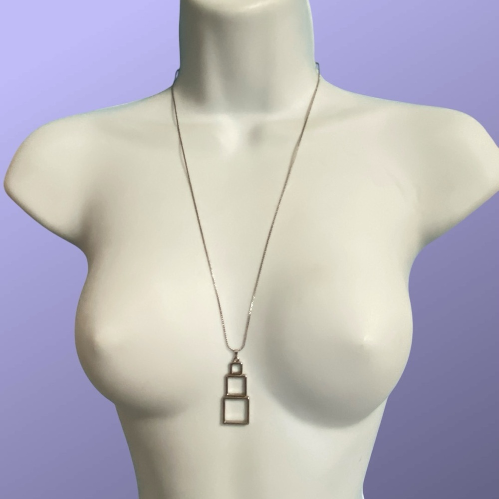 ROGET Silver Tone Necklace Stacked Boxes Design Vintage Pendant